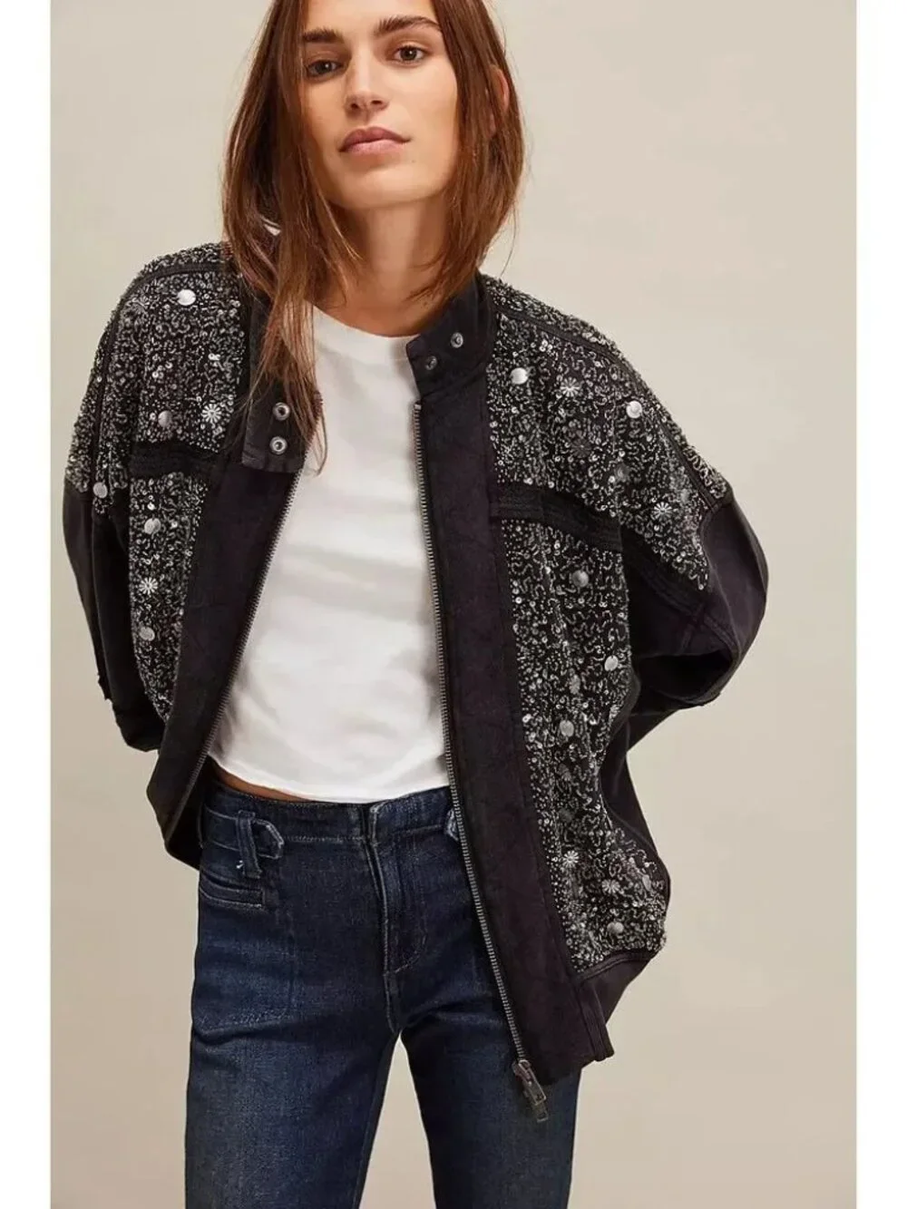 Free People Sparkle Sweatshirt Jacket Top Oversized Ribbed Embellished